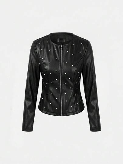 SHEIN PETITE Petite Women Studded Decor Round Neck Street Punk Cropped PU Leather Jacket