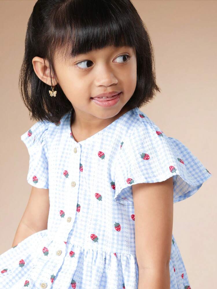 Strawberry Print Button Front A-Line Dress
