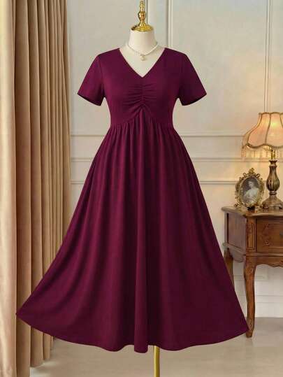 Rometta Pure Elegant Casual V-Neck Pleated Design Short Sleeve Knitted Plus Size Women Dress, New Arrival