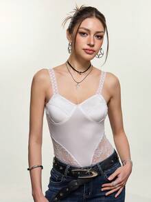 Rina Fox Women's White Summer Elegant Night Out Shiny Knit Fabric Contrast Lace Bodysuit,Vintage Sweet Y2K Lace Trim Patchwork Vacation Bodysuit - White - View 3