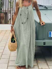 Cévolie Plus Size Solid Color Spaghetti Strap Sleeveless Loose Tie-Back Summer Dress - Limelight Green - View 3