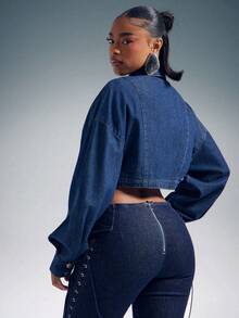 Denimoi Collared Crop Top Long Sleeve Crop Top Fashionable Tops Sexy Tops Streetwear - Dark Wash - View 3