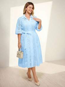 Momelise 大码女式优雅纯色V领镂空刺绣灯笼袖开衫，配纽扣腰带长裙，大码茶会连衣裙，大码镂空连衣裙，大码浅蓝色连衣裙，大码女式夏季套装 - 藍色 - 查看 9