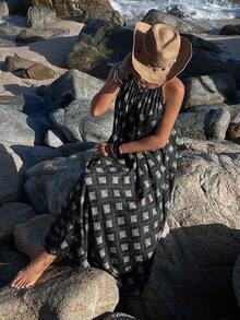 DAZY Vacation Style Pattern All-Over Print Sleeveless Long Women Nightgown - Black - View 10