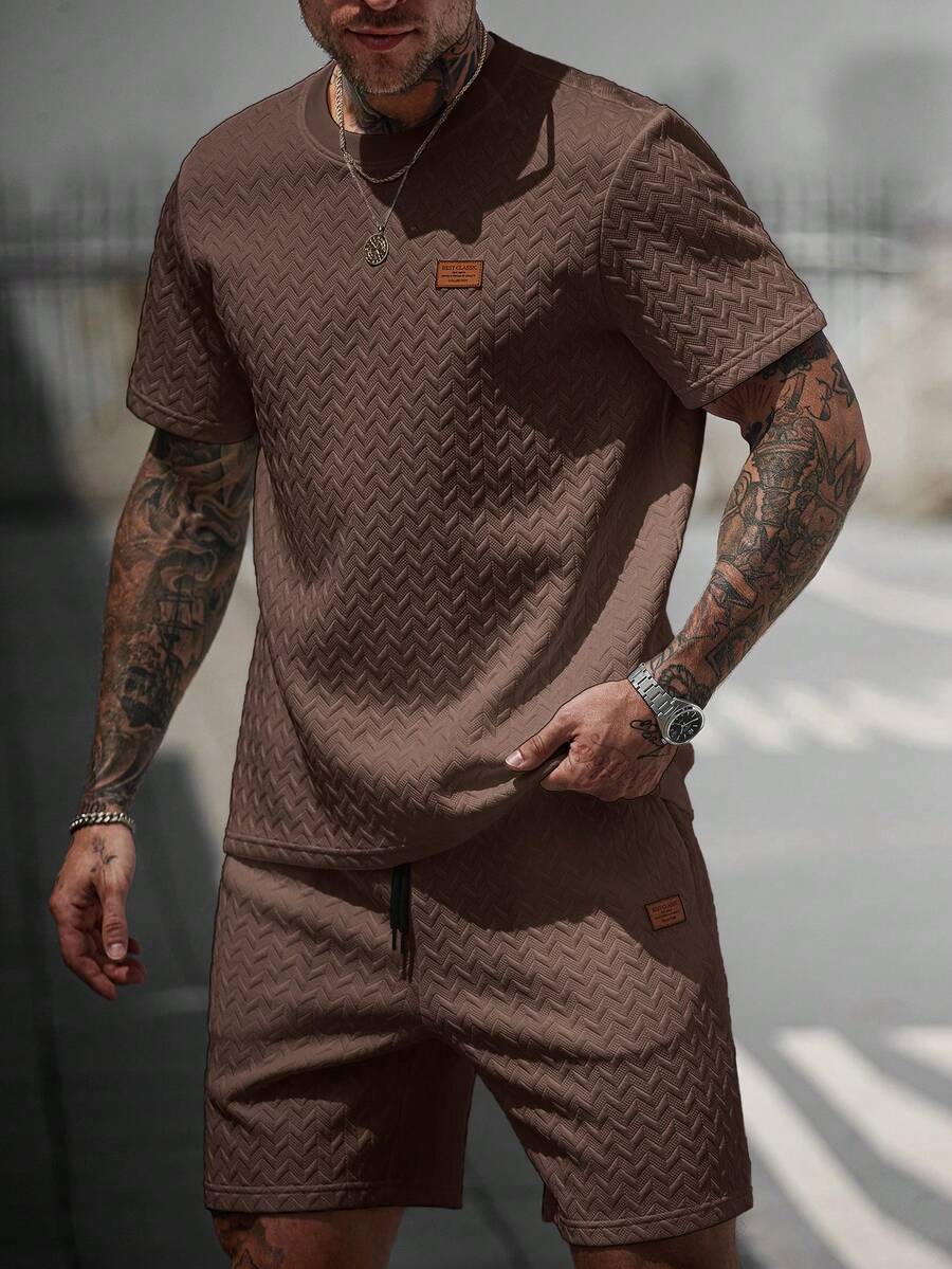 Manfinity CasualCool Men's V-Neck Ribbed T-Shirt + Drawstring Shorts Set - Coffee Brown - View 1