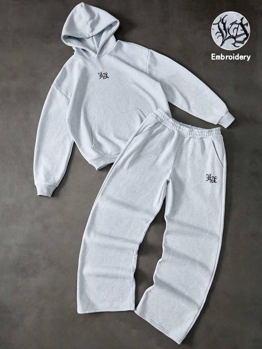 PAVTROS 男士街头风潮流卫衣套装，浅灰色扎染纹理效果，刺绣Logo，适合户外音乐节、休闲外出、送给男友/老公的礼物、周年纪念日 - 淺灰色 - 查看 1