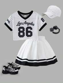 SHEIN 2pcs/Set Baby Girl Infant Toddler 0-3 Years Fashion V-Neck Fuchsia Short Sleeve Jersey Top And Pleated Skirt Outfit - White - View 3