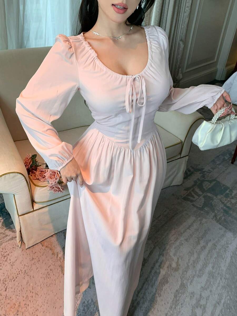 DAZY 法式方领长袖连衣裙，优雅妩媚 - 泡泡糖粉 - 查看 1