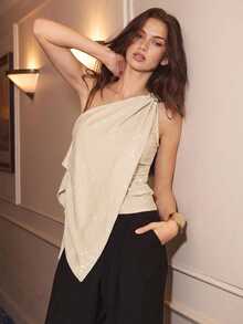 Maija Women's Asymmetrical Shoulder Design Blouse, Summer Fashion - Apricot - View 2