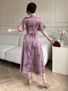 DAZY Elegant V-Neck Printed Long Dress, Slimming & Chic Goddess Style - Purple - View 7