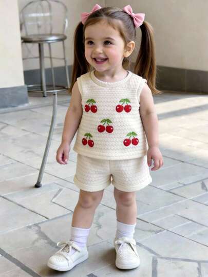 SHEIN 女婴夏季红色草莓印花套装，无袖圆领上衣搭配同色短裤，甜美风格，轻盈设计，适合户外活动、居家休闲和朋友聚会。