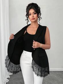 SHEIN Elenzya 大码优雅蕾丝边背心 - 黑色 - 查看 3