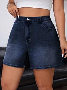 SHEIN ICON 大码女式夏季休闲日常通勤高腰牛仔短裤 - 深色水洗藍 - 查看 3
