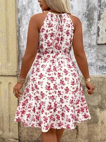 Breezaya 大码优雅印花露背A字连衣裙，配有迷人蝴蝶结腰带和拼接下摆设计，适合日常通勤、外出和派对穿着。 - 彩色 - 查看 2