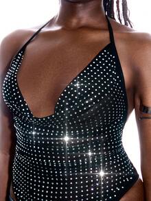 LYSMO Minimalist Music Festival Deep V-Neck Rhinestone Mesh Sexy Sleeveless Bodysuit, Black Sequin Bodysuit For Plus Size, Spring/Summer - Black - View 7