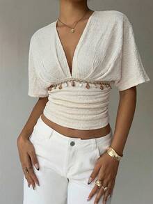 Aloruh 杏色深V褶皱短袖紧身女式T恤 夏季假日 - 杏色 - 查看 4