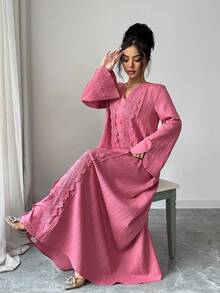 Al Najma Đầm Thổ Nhĩ Kỳ Ả Rập dài tay dáng rộng, thanh lịch, thoải mái, tối giản dành cho nữ, viền ren. - Hồng - Xem 6