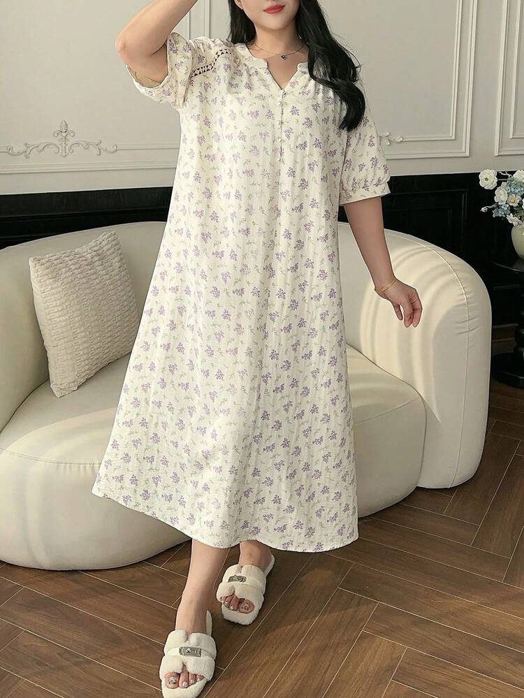 Dazy Plus Elegant Ditsy Floral Loose Lantern Sleeve Long Nightgown, Casual Home Dress For Spring & Summer