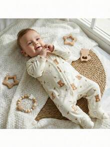 Loomiva Newborn Baby Girl Cartoon Bear Pattern Knitted Soft Round Neck Long Sleeve Romper - Multicolor - View 1