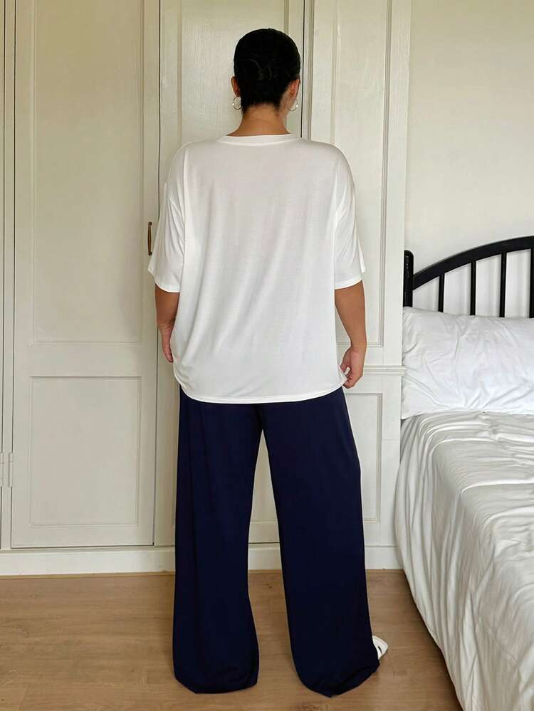 Dazy Plus Plus Size Women Slogan Print Short Sleeve Top And Pants Pajama Set