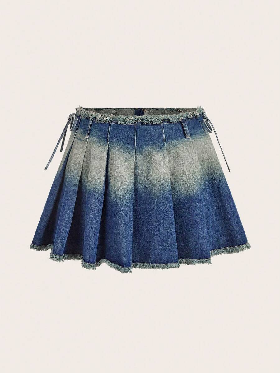 Sweetra Chân váy denim ngắn xếp ly tua rua dành cho nữ cỡ lớn, kiểu dáng thường ngày, đa năng. - Rửa tối - Xem 1