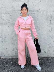 SHEIN Tween Girl Nova Glow Tween Girl 时尚舒适派对和街头服饰纯色针织连帽运动衫宽松套装 - 粉色 - 查看 3