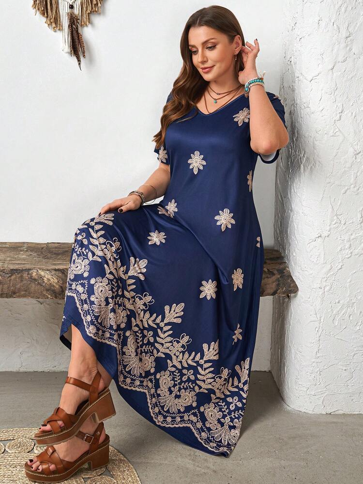 Plus Size Women Floral V-Neck Short Sleeve Casual Vacation Dress/Summer Plus Size Boho Dress Bohemian Dresses For Women Casual Long Dress Vacation Plus Size Women Dresses Long Boho Dress Blue Long Dresses For Women Frocks For Women Blue Gown For Women Deeka Dresses Kurti For Women Designer Dresses For Women Beautiful Dresses For Women Wedding Outfits For Women Women's Casual Dress Embroidered Midi Dress V-Neck Maxi Dress