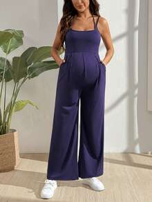 SHEIN Maternity Solid Color Spaghetti Strap Twist Back Jumpsuit - Blue - View 3