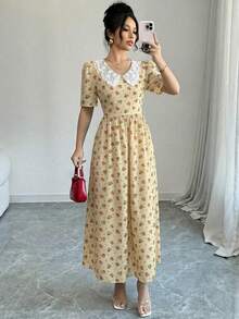 Modelyn 女士彼得潘领印花荷叶边优雅收腰长款派对连衣裙 - 黃色 - 查看 3