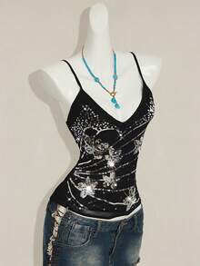 SHEIN ICON Áo hai dây nữ màu xanh dương thêu hạt cườm họa tiết hoa Y2K, vạt áo bất đối xứng, kiểu dáng ôm sát, gợi cảm, thích hợp mặc ngoài vào mùa hè. - màu đen - Xem 7