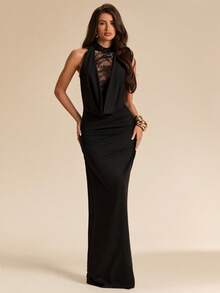 SHEIN BAE 女士蕾丝拼接优雅收腰连衣裙，适合宴会和派对穿着 - 黑色 - 查看 7