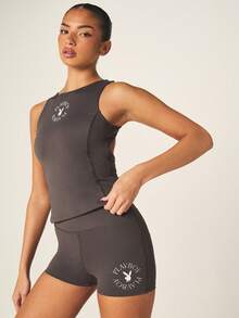 Missguided x Playboy High Rise Active Cycling Compression Shorts With Bunny Logo Print - Dark Grey - View 3