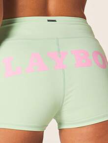 Missguided x Playboy High Waisted Athletic Shorts With Logo Print Perfect For Active Lifestyle And Summer Workouts - Green - View 7