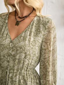 Florisole 女士休闲度假佩斯利印花荷叶边连衣裙，秋季 - 綠色 - 查看 2