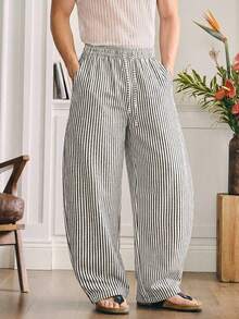 SWAVVY Men's Striped Elastic Waist Drawstring Casual Loose Pants, Versatile - Black and White - View 1