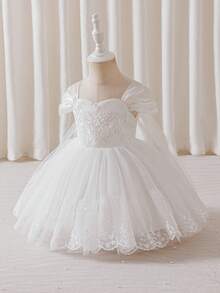 Glamorique Kids 花童、生日派对、连衣裙、26款春夏时尚、舞会礼服、白色蕾丝、缎面质感、白色网纱蓬蓬裙、可拆卸蝴蝶结设计，适合正式场合、钢琴演奏、派对或特殊舞台表演、白色婚礼幼儿礼服、白色公主裙、白色女婴连衣裙、女婴派对礼服、女婴白色连衣裙、幼儿女童白色连衣裙 - 白色 - 查看 7