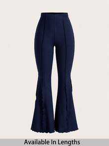 SHEIN Tall CURVE 加大码高个女式荷叶边弹力喇叭裤 - 藏蓝色 - 查看 1
