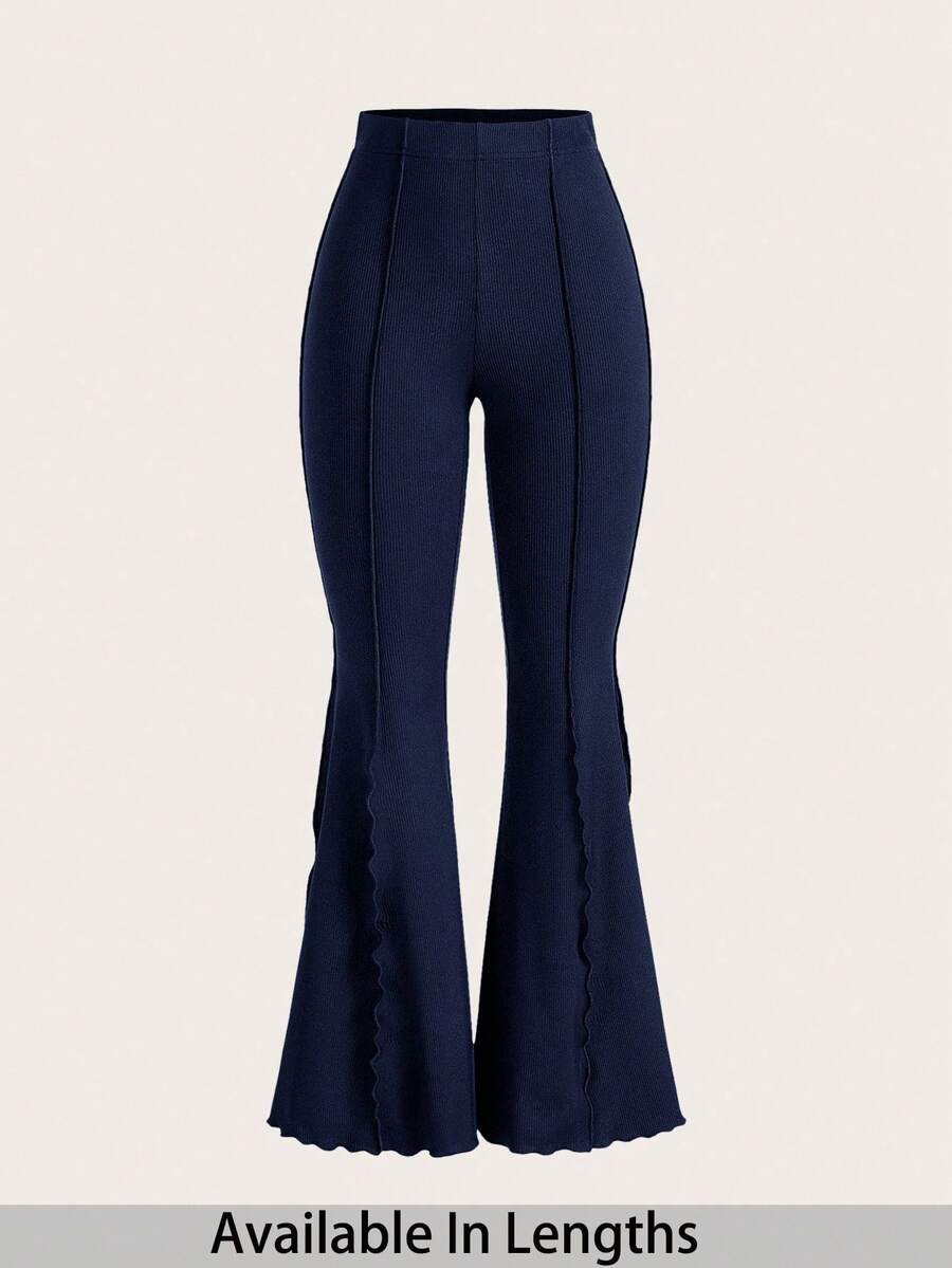 SHEIN Tall CURVE 加大码高个女式荷叶边弹力喇叭裤 - 藏蓝色 - 查看 1
