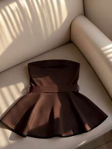 Franclia Chocolate Brown Peplum Top, Belted Peplum Top,Strapless Crop Top, Tight Waist, Charming Women's Strapless Shirt For Autumn/Winter - Brown - View 2