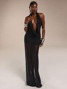 Đầm maxi lưới xuyên thấu xẻ cao, cổ áo xếp nếp, đường viền cổ khoét sâu táo bạo. - màu đen - Xem 4