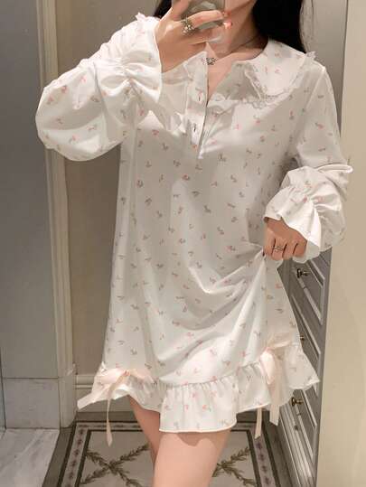 DAZY 甜美碎花蝴蝶结蕾丝拼接彼得潘领短款女士睡裙