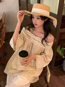 DAZY Women's Casual Off-Shoulder Blouse With Lace Trim, Loose Fit, 3/4 Sleeve, Suitable For Spring And Summer - Apricot - View 7
