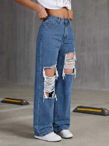 SHEIN ICON Distressed Slant Pocket Casual Loose Straight Leg Jeans - Medium Wash - View 4