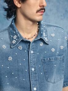 ROMWE MEN Grunge Punk 男士时尚珍珠装饰牛仔短袖上衣 - 棕色 - 查看 1