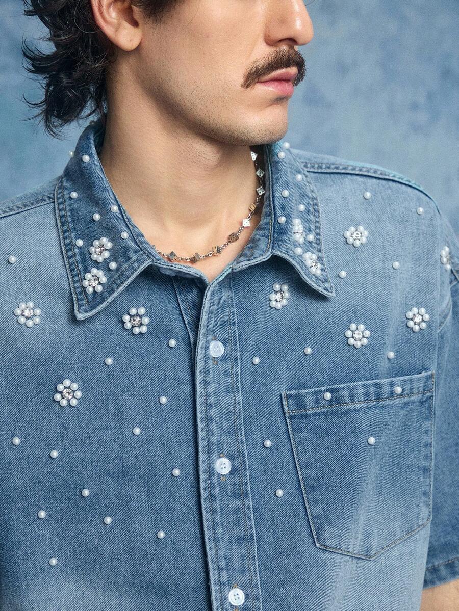 ROMWE MEN Grunge Punk 男士时尚珍珠装饰牛仔短袖上衣 - 棕色 - 查看 1