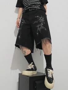 Manfinity EMRG 美国街头风水洗黑色水钻装饰牛仔短裤 - 黑色 - 查看 6