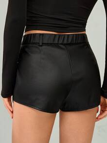 SHEIN Tall PU Leather Solid Color Zipper High-Waist Shorts Black Shorts For Women Black Leather Shorts Black Skort For Women - Black - View 3