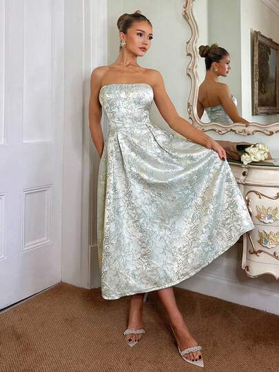 Glamine Đầm ống midi nữ họa tiết hoa dập nổi 3D cổ điển