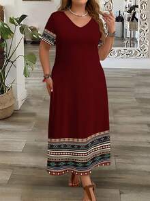 EMERY ROSE Gaun Maxi Lengan Pendek Leher V Kasual Ukuran Plus Motif Bunga Bohemian untuk Wanita, Cocok untuk Liburan Musim Semi/Panas dan Karnaval - MultiWarna - View 3