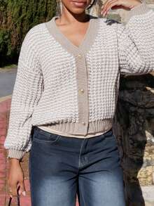 Yess Loren 女士格子印花前扣 V 领长袖开衫 - 卡其色 - 查看 4